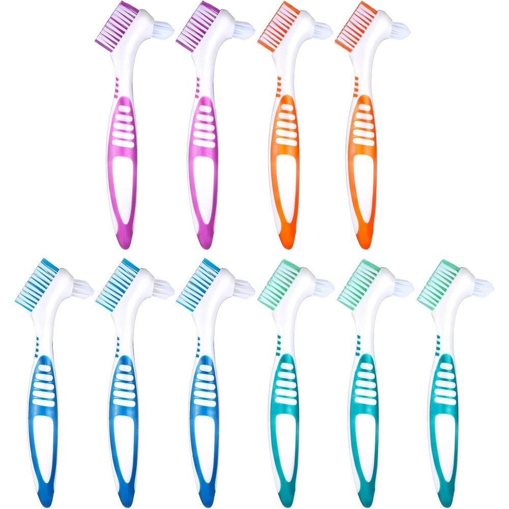 10 Pcs Denture Brush for False Teeth Denture Care Cleaning Brush Double Sided Toothbrush Portable Soft Multi-Layered Bristles Cleaner Brushes Ergonomic Rubber Handle