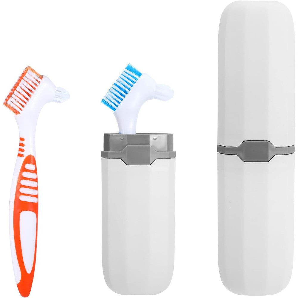 Wanmu 2Pcs Denture Toothbrushes front view showing dual-sided brush heads and white carrying case