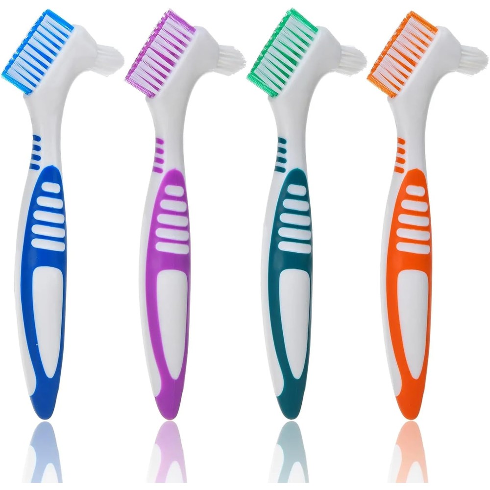 Awesome Industries hard denture brush 4 pack front view showing double sided bristles and ergonomic handles.