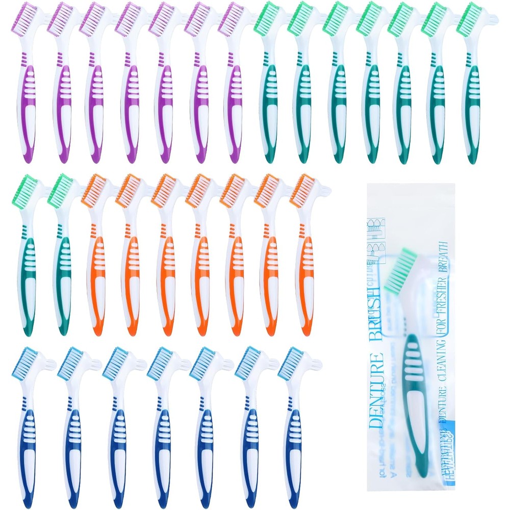 DIVINA VITAE 30Pcs Denture Toothbrush Multi-Layered Soft Bristles Denture Cleaning Brush Bulk Denture Brush with No-Slip Handle for False Teeth, Dental Devices, Mouth Guard(4 Colors)