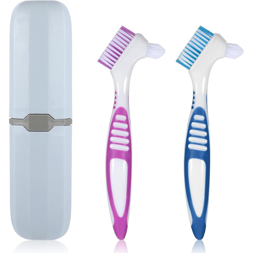 2 Pcs Denture Brush, Denture Toothbrush with Case Double Sided Denture Cleaning Brush Retainer Brush, Multi-Layered Soft Bristles and Rubber Anti-Slip Handle for Denture Clean Teeth Maintenance