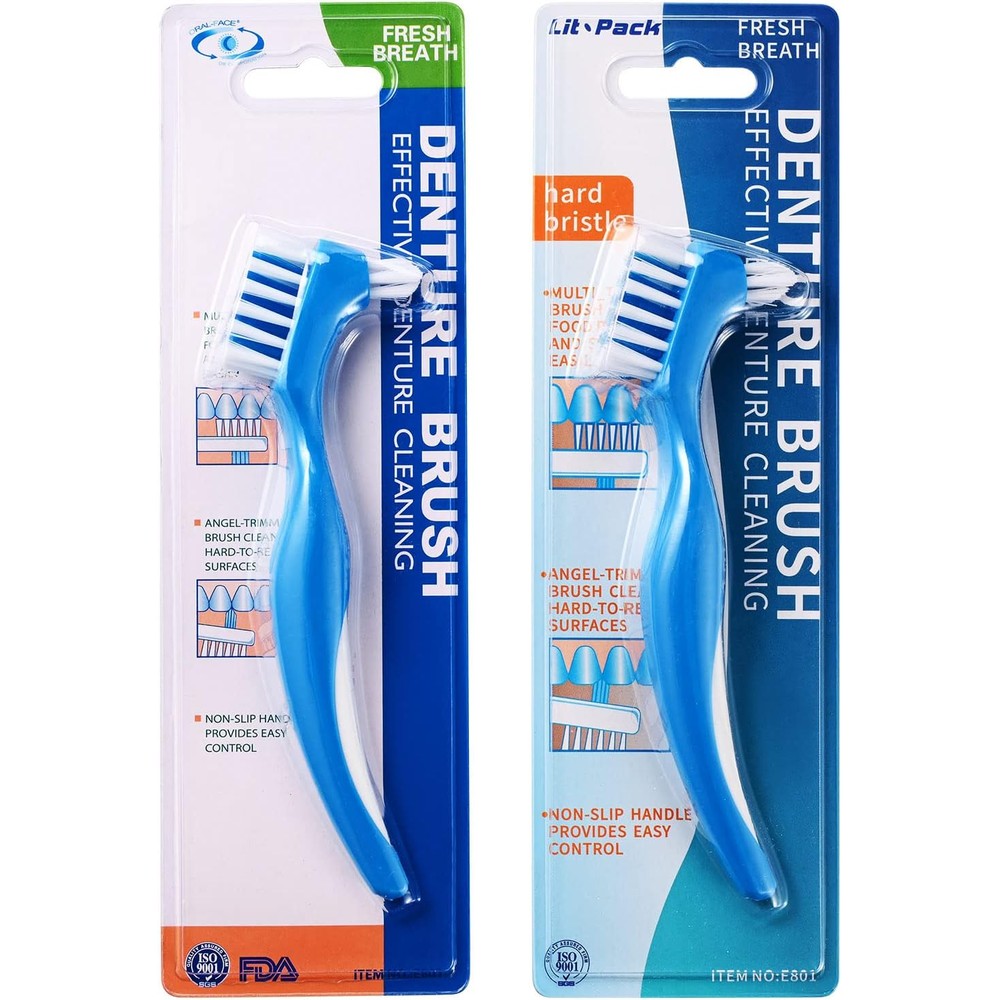 Lit-Pack denture cleaning toothbrush pack front view showcasing dual sided heads for false teeth maintenance