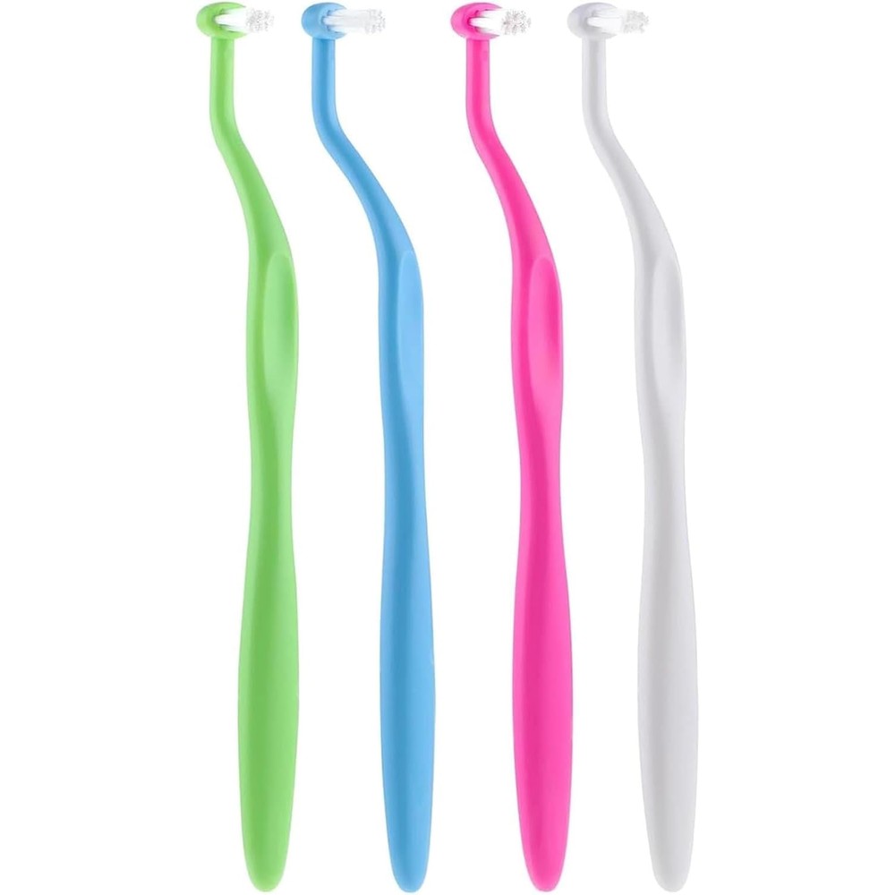 Tangseajiao orthodontic toothbrush front view showcasing the four piece multicolor set.