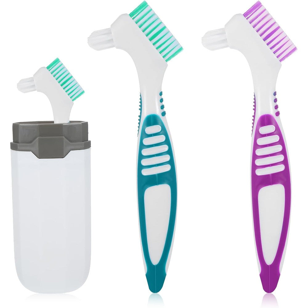 2pcs Denture Toothbrush with Case,Denture Cleaning Brush,Multi-Layered Bristles Dental Brush,Ergonomic Rubber Handle for False Teeth Cleaning(Green,Purple)