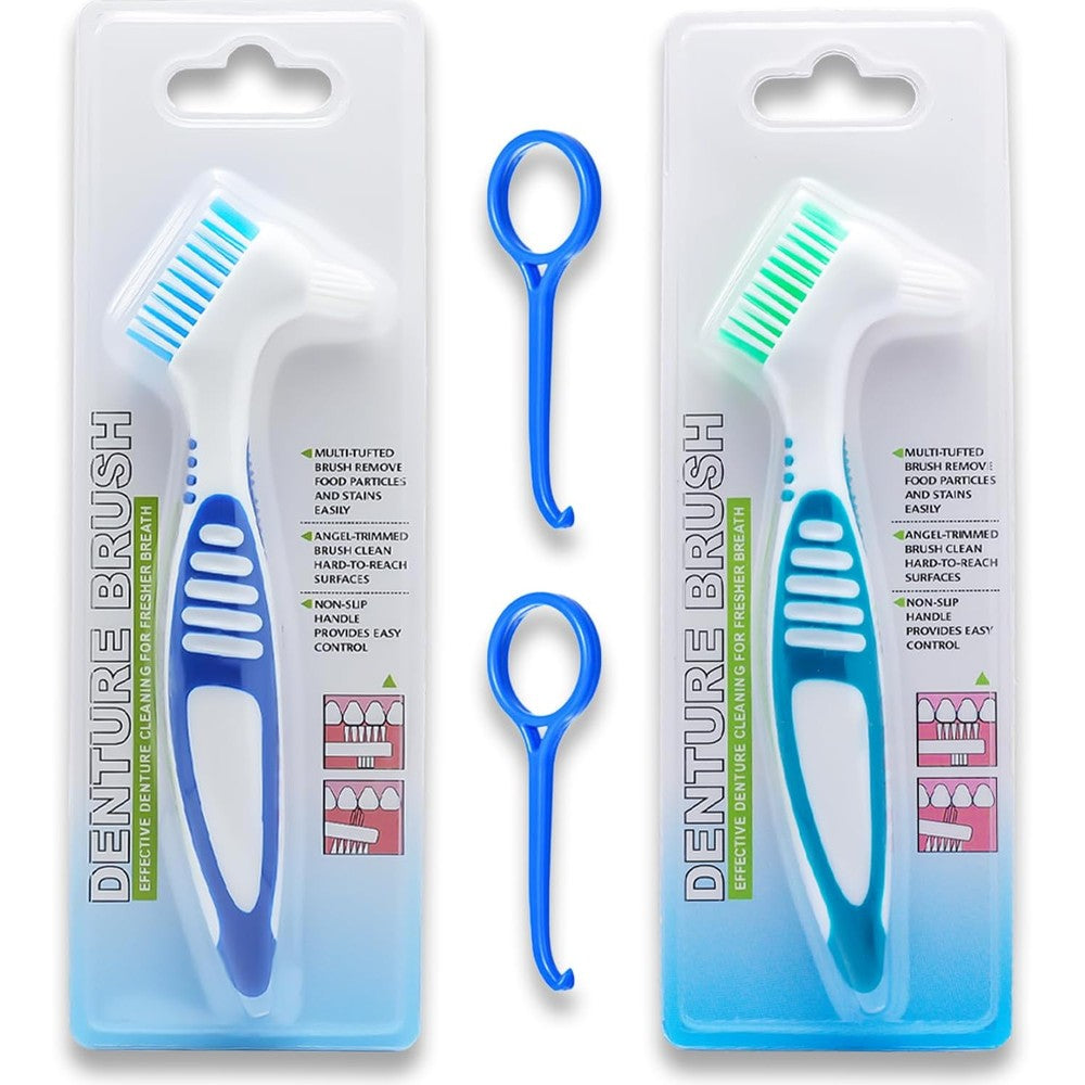 Denture Brush Dual Head Toothbrushes False Teeth Brush Denture Cleaning Kit Toothbrush (Blue Green)