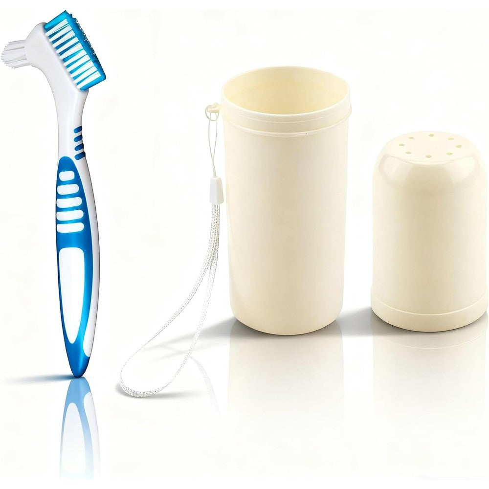 Denture Toothbrush 2Pcs Denture Cleaning Kit with Unique Hole Design Not Easy to Mold White Carrying Case Multi Layered Bristles with Ergonomic Rubber Handle Brush for Travel Cleaning