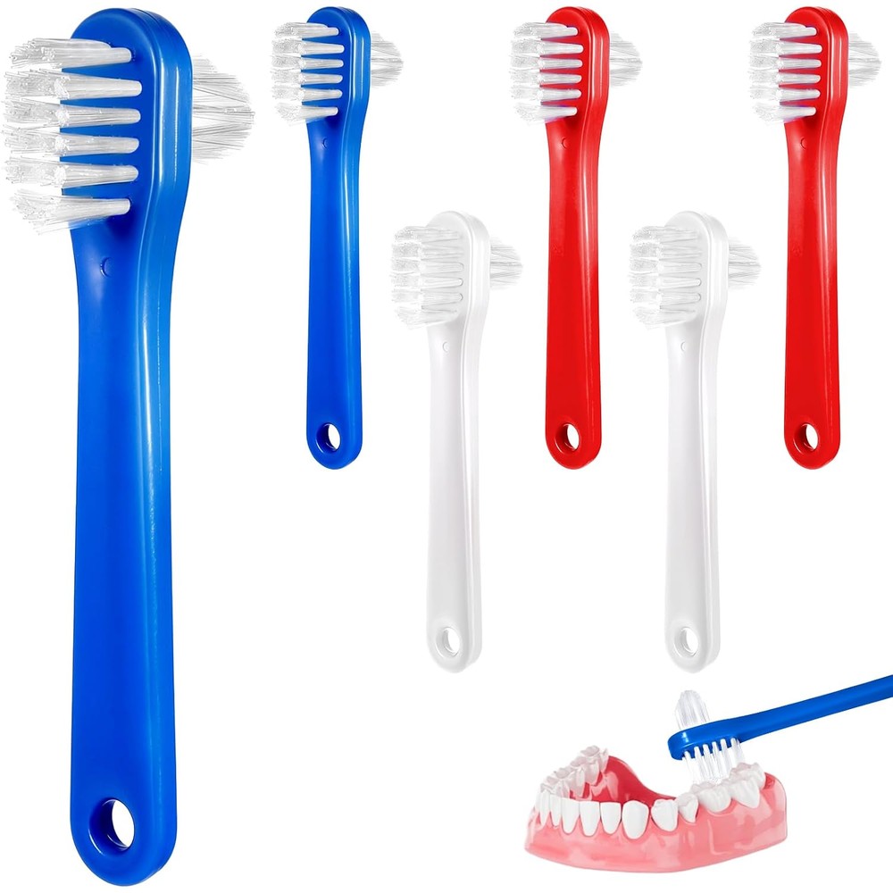 6 Pack Dual Headed Firm Hard Bristle Toothbrush, Portable Denture Brush, Denture Clean Toothbrush for Dentures Braces Cleaning