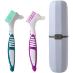 Clofiak dual head denture brush kit front view showing two gray and purple toothbrushes placed next to the light gray travel case
