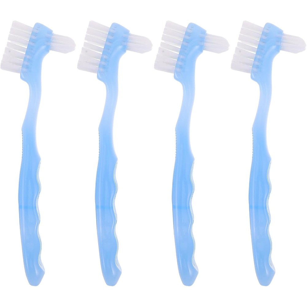 Generic small denture cleaning brush set four pieces front view showing blue double sided toothbrush heads.