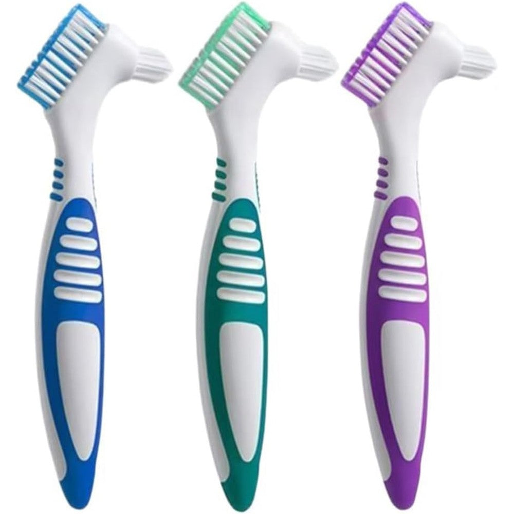 Octuitey 3 piece denture cleaning brush front view displaying the dual head layout and multi-layered bristles.