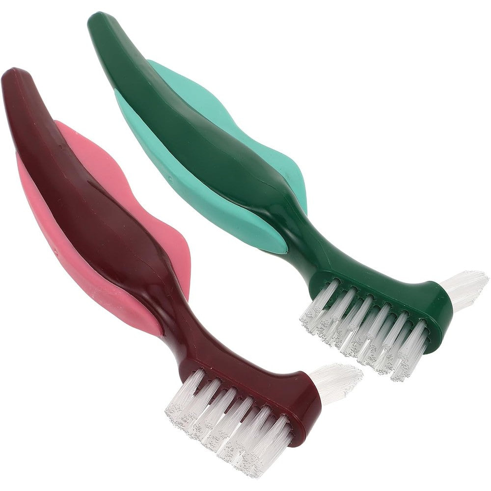 Luxshiny 2pcs Dual-Head Denture Cleaning Brush for Seniors Hard Bristle Toothbrush for False Teeth Ergonomic Non-Slip Handle Thorough Oral Care for Home and Travel Red Green