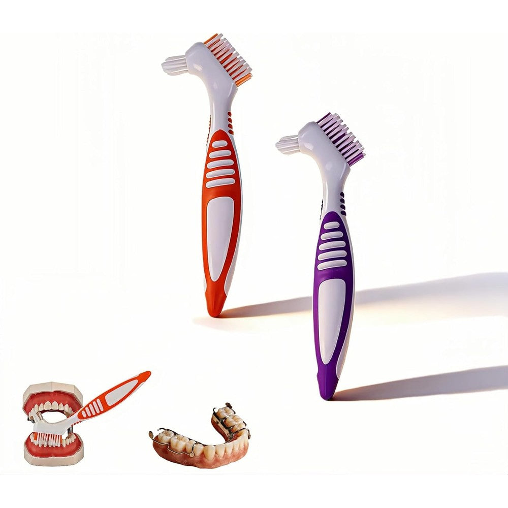 Denture Brush 2-Pack - Dual Head Denture Cleaner with Angled Bristles & Non-Slip Handle | Soft Nylon Brushes for Dentures, Retainers & Night Guards | Denture Care Kit for Seniors (orange/purple)
