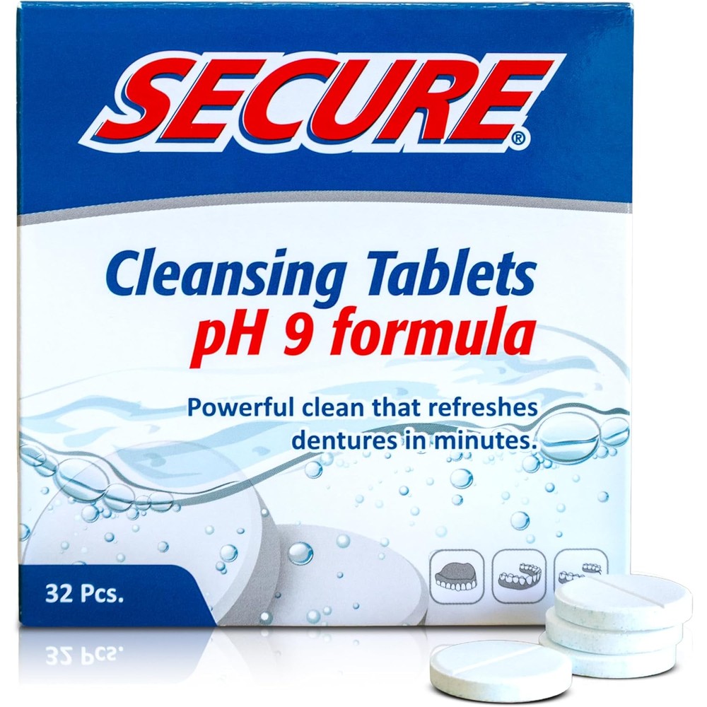 Secure Daily Cleansing Tablets - pH 9 Formula Thoroughly Cleans Dentures - Fights Odors, Stains & Germs - For Dentures, Nightguards, Retainers & Partials - 32 Tablets (1 Pack)