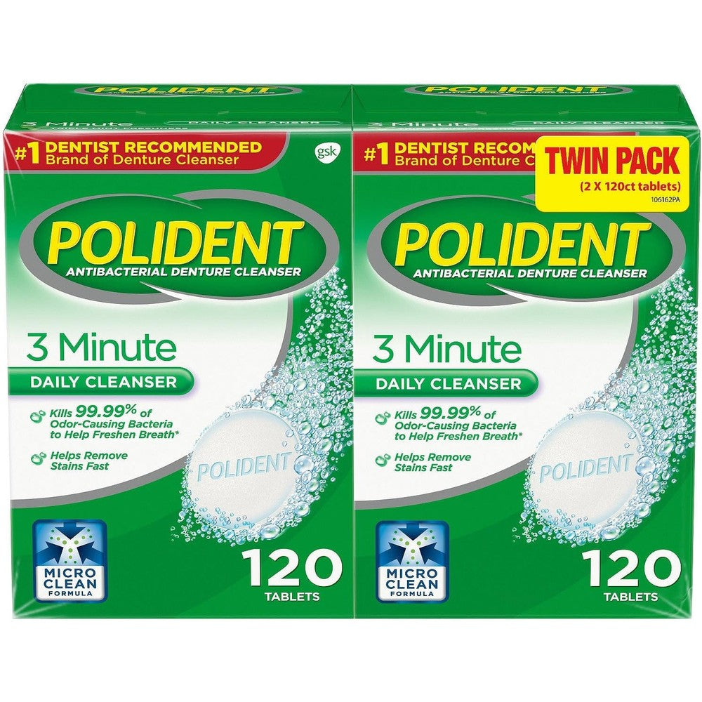 Polident 3 Minute, Antibacterial Denture Cleanser 120 ea (Pack of 2)