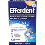 Efferdent Retainer Cleaning Tablets 126 count front packaging for dental appliance care.
