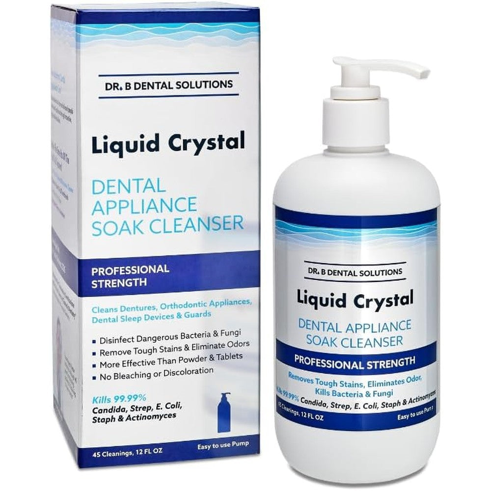 Dr. B Dental Solutions Liquid Crystal Soak Cleanser twelve fluid ounce pump bottle front view for professional dental appliance care.