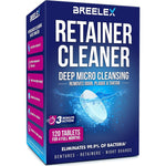 Breelex denture cleaning tablets front packaging view containing one hundred and twenty retainer cleaner tablets
