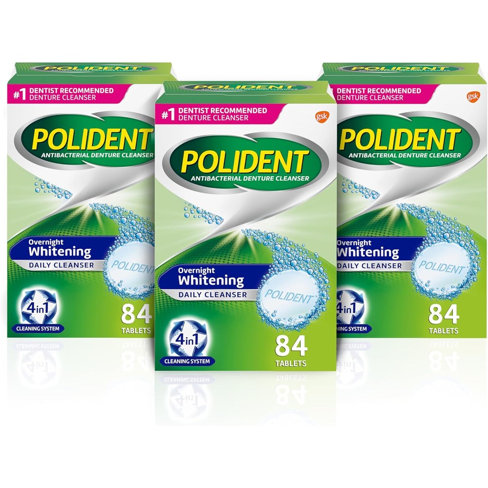 Polident Overnight Whitening Denture Cleanser Tablets - 84 Count (Pack of 3)