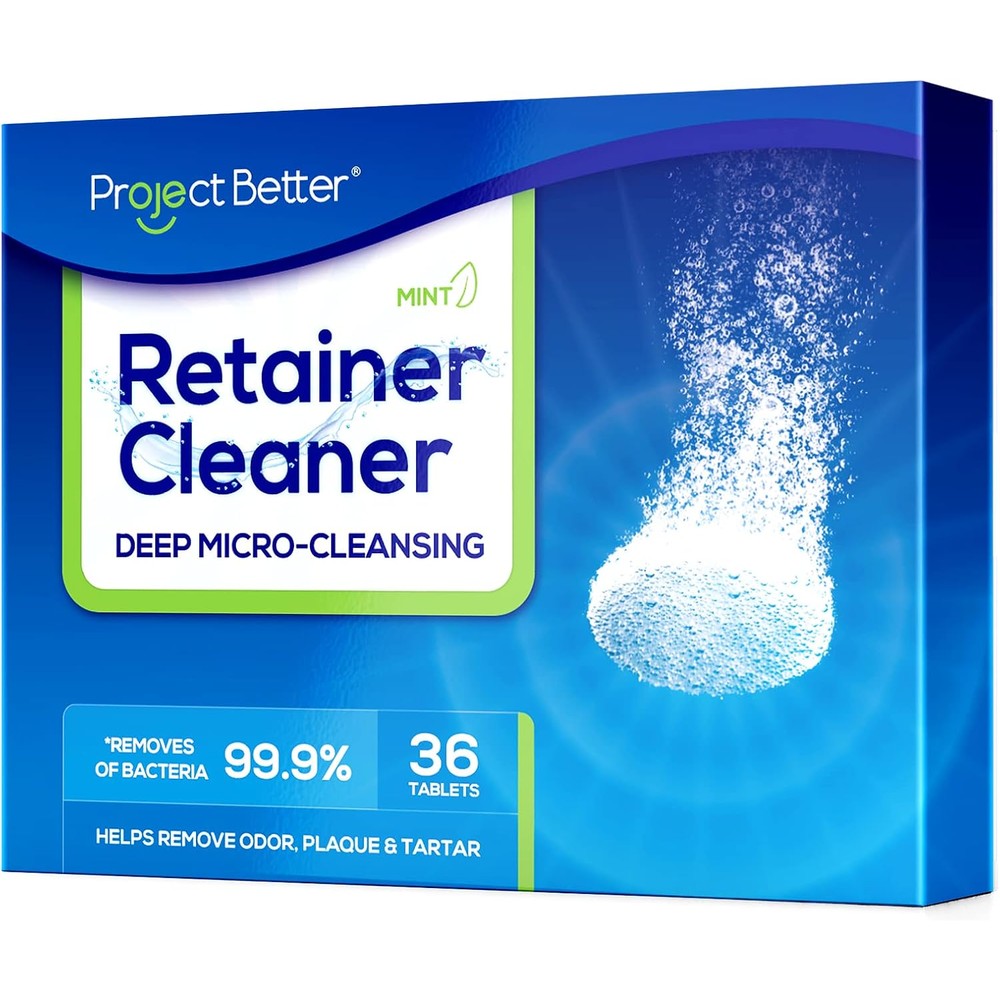 Project Better Retainer Cleaner Tablets box front view displaying mint leaves graphic.