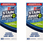 Stain-Away Plus Antibacterial Denture Cleanser twin pack front view showing packaging details.