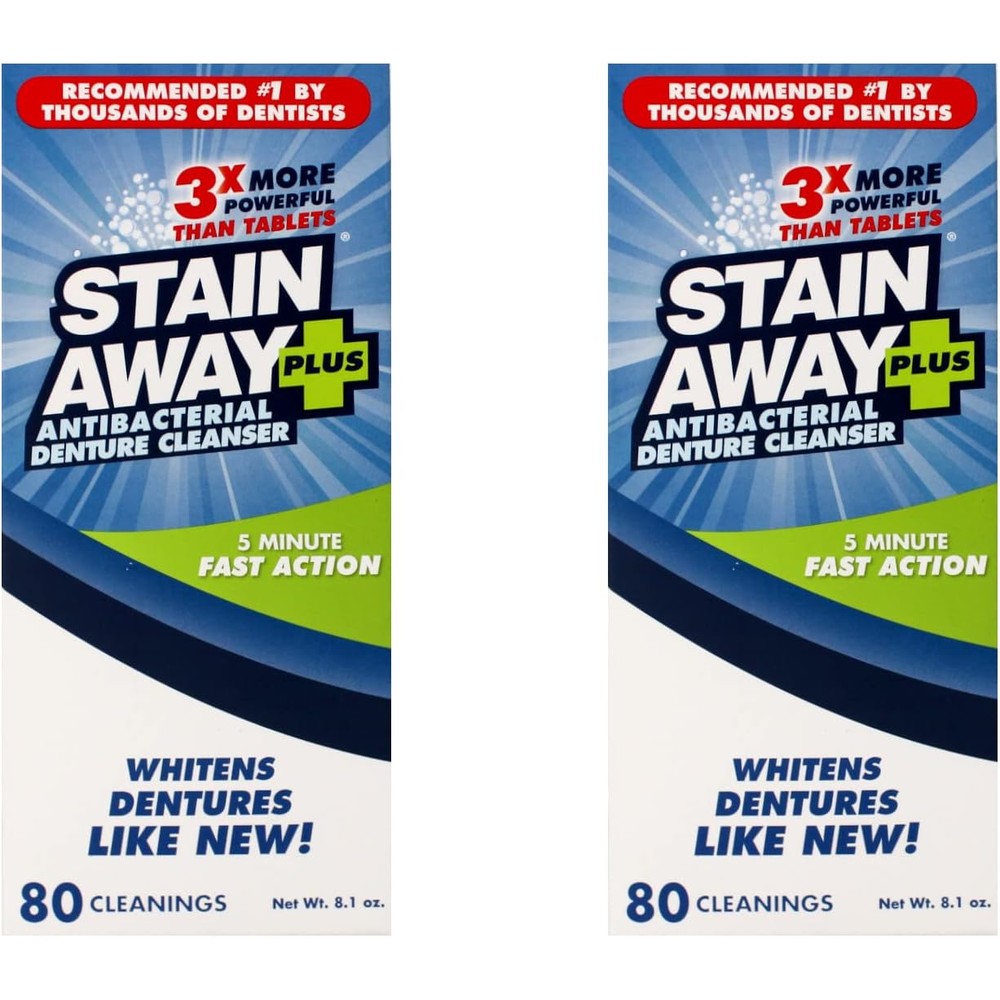 Stain-Away Plus Antibacterial Denture Cleanser twin pack front view showing packaging details.