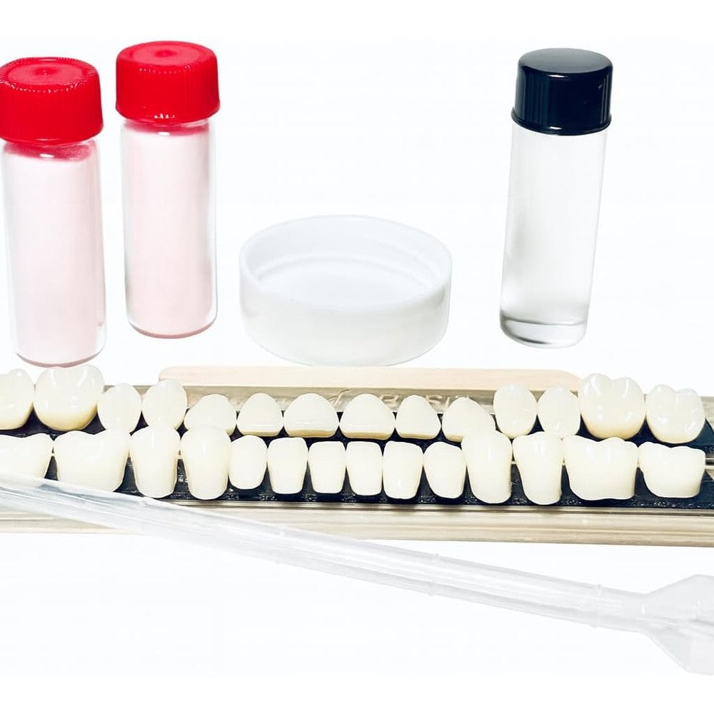 Perk Denture Repair Kit with 28 teeth front view for emergency dental care.