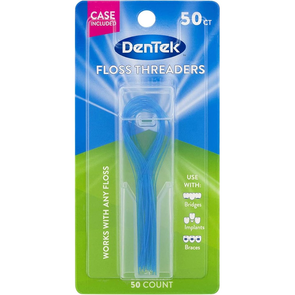 DenTek Floss Threaders 50 Count front view packaging for orthodontic care.