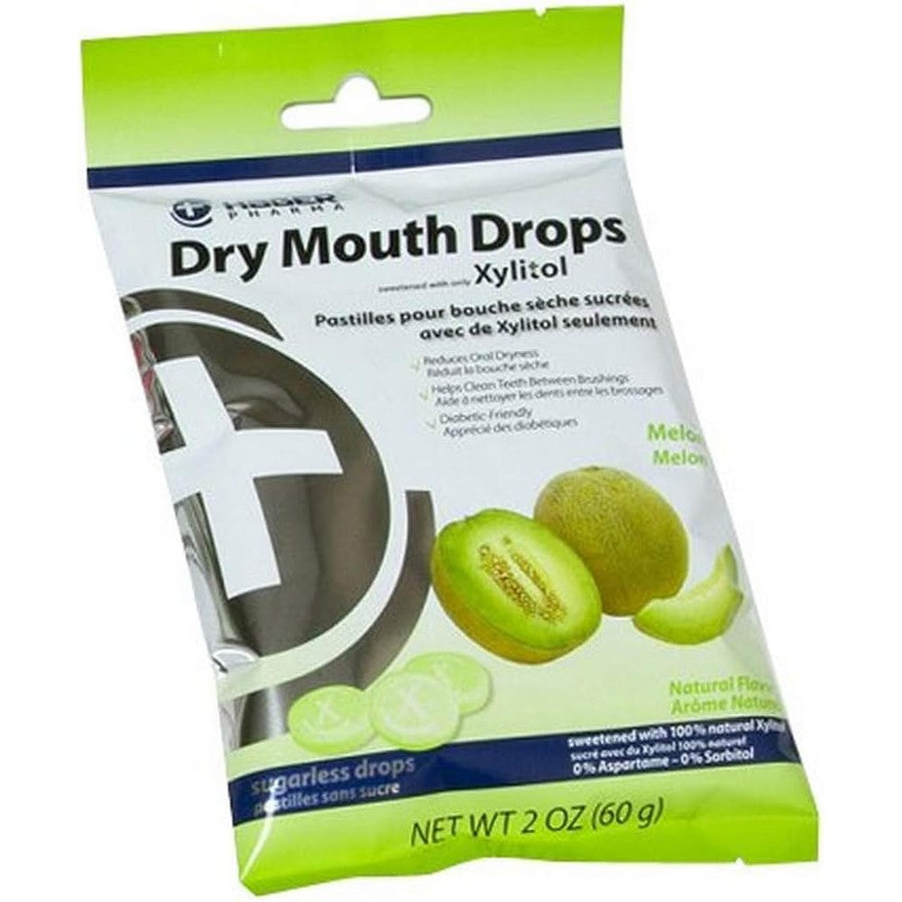Hager Pharma Miradent Dry Mouth Drops Melon 2 Ounce packet front view for xylitol oral care