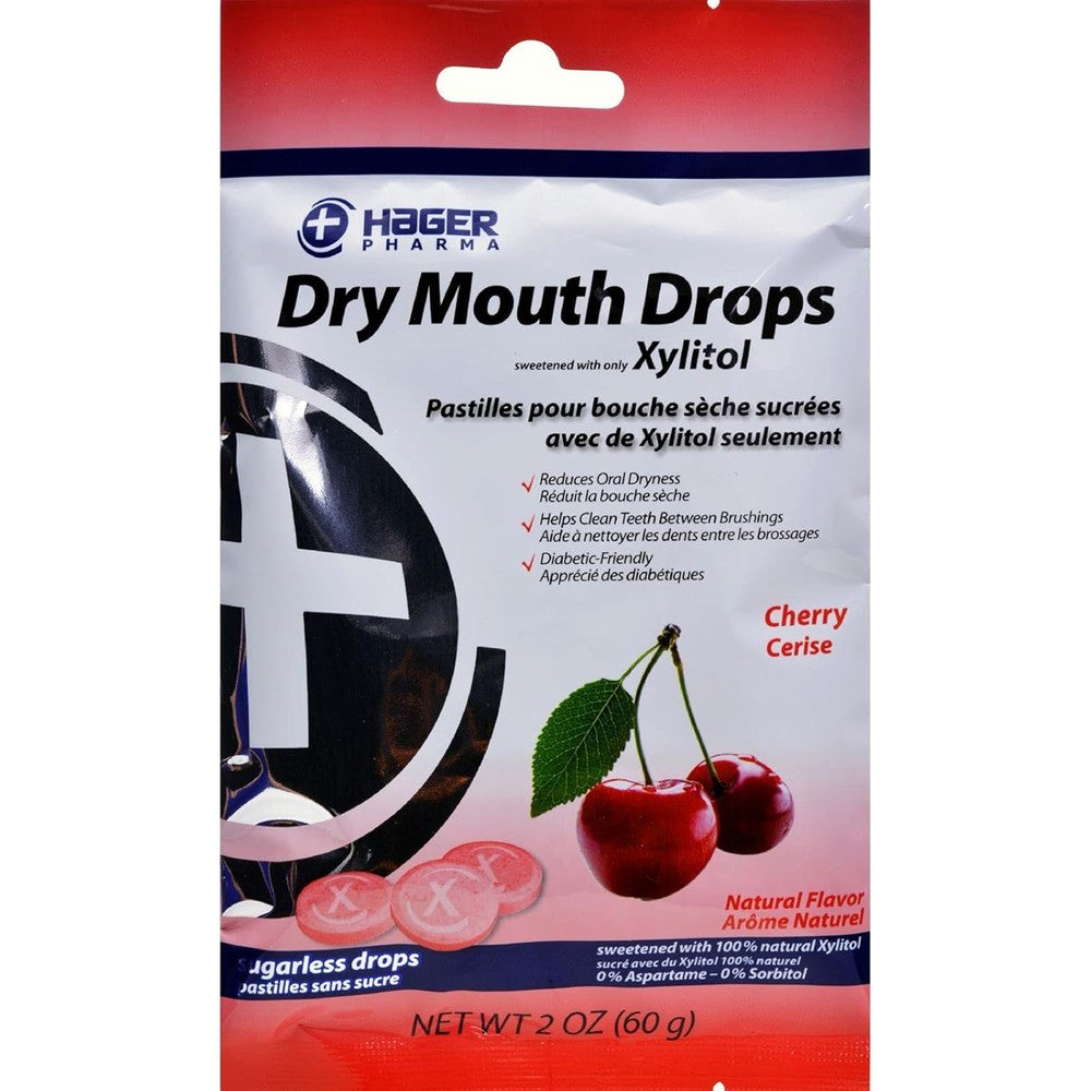 Hager Pharma Dry Mouth Drops Cherry 2 Ounce front view xylitol sugar free lozenges