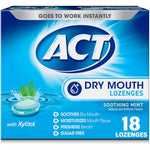 ACT Dry Mouth Lozenges Soothing Mint 18 count front packaging showing xylitol benefit.