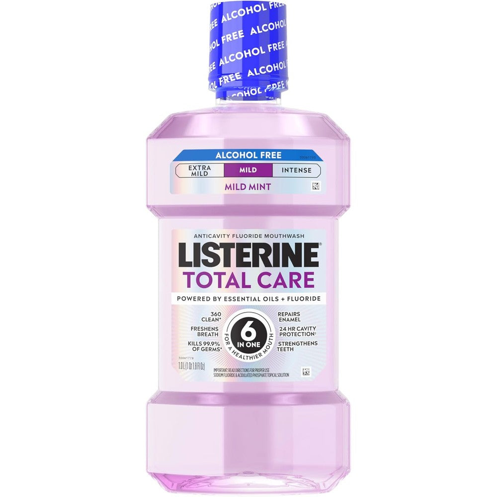 Listerine Total Care Alcohol-Free Mild Mouthwash 1 Liter front view for anticavity protection.
