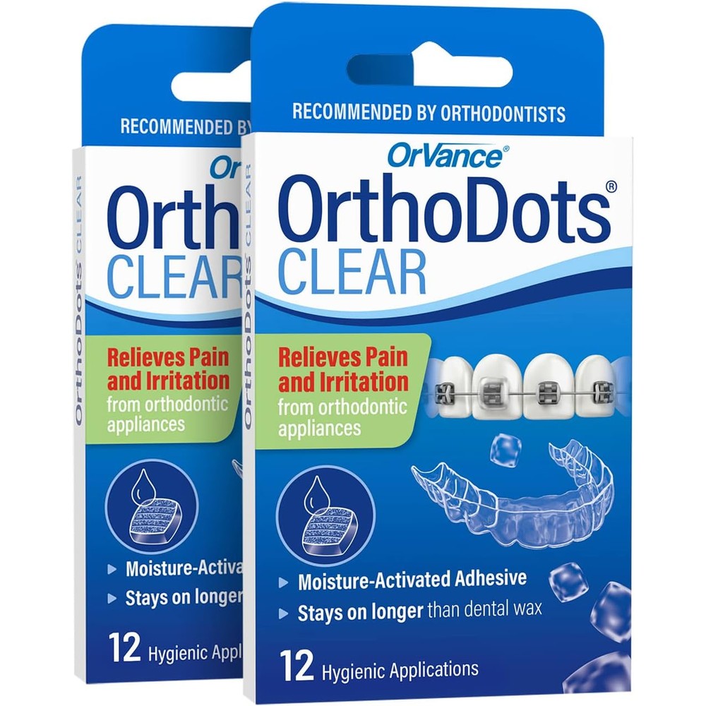 OrVance OrthoDots Clear 24 Count front packaging for braces pain relief.