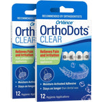 OrVance OrthoDots Clear 24 Count front packaging for braces pain relief.