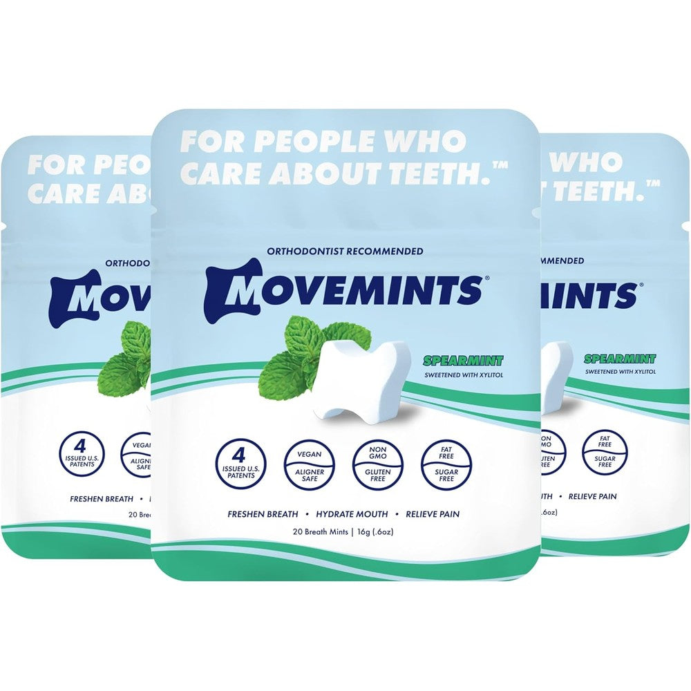 Movemints Clear Aligner Mints three pack front view for orthodontic tray seating.