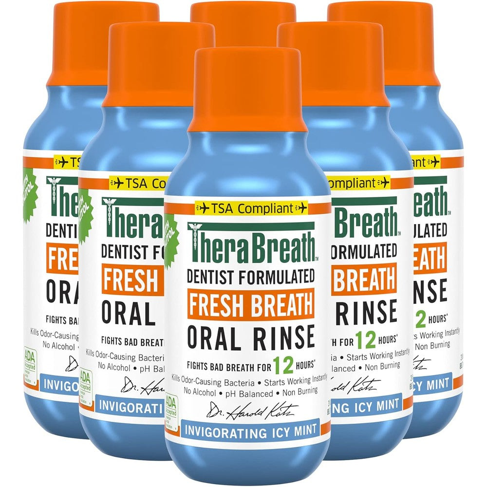 TheraBreath Fresh Breath Oral Rinse Icy Mint pack of six bottles front view
