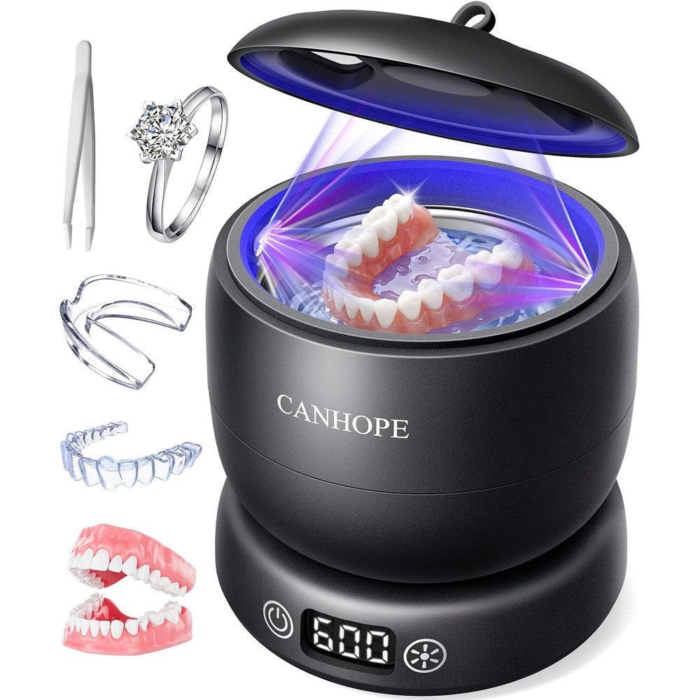 Ultrasonic Retainer Cleaner Machine, Ultrasonic Jewelry Cleaner, Denture Cleaner for Invisalign, Mouth Guards, Night Guards, Aligners, Toothbrush – Detachable Base & Lid, Digital Timer, Black