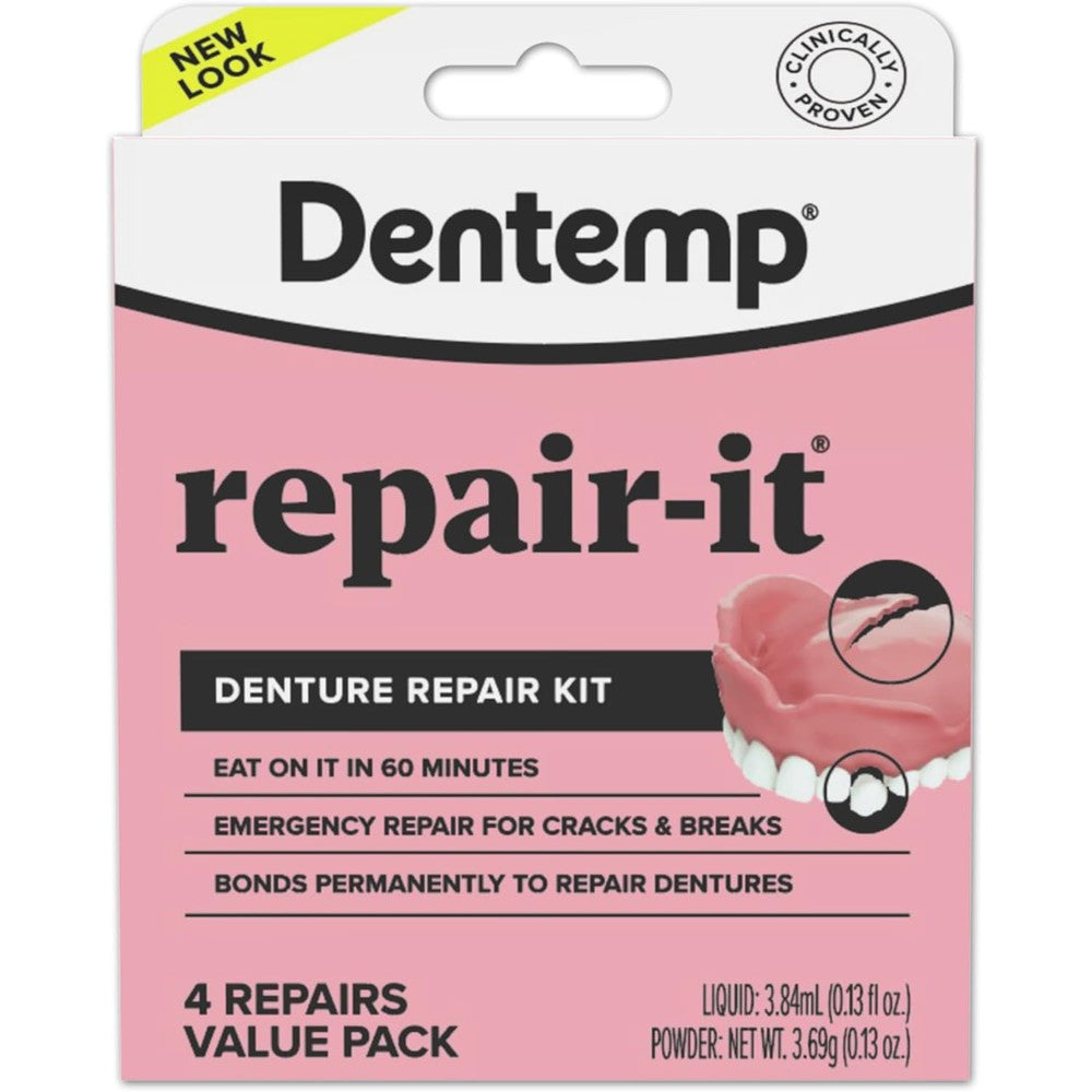 Dentemp Repair-It Advanced Formula Denture Repair Kit front packaging for emergency dental care.