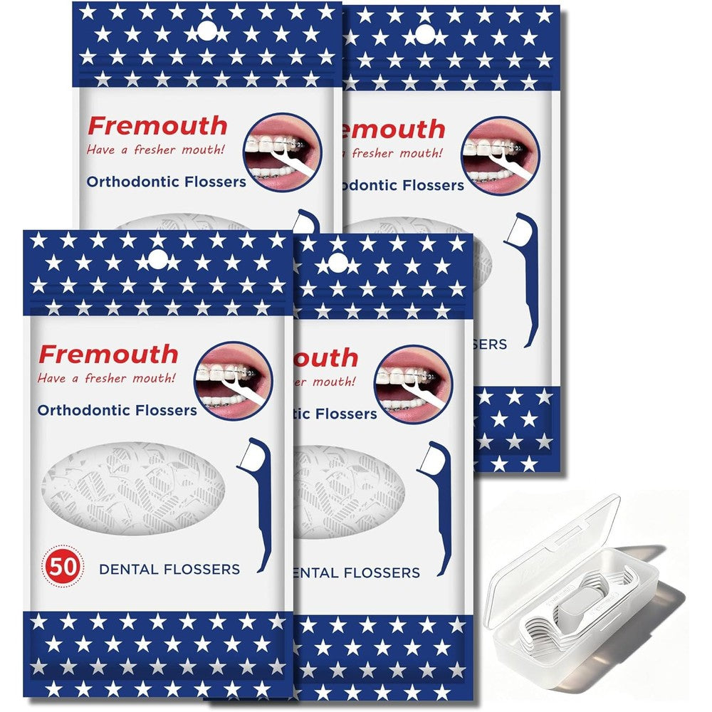 Fremouth orthodontic flossers for braces front view with packaging