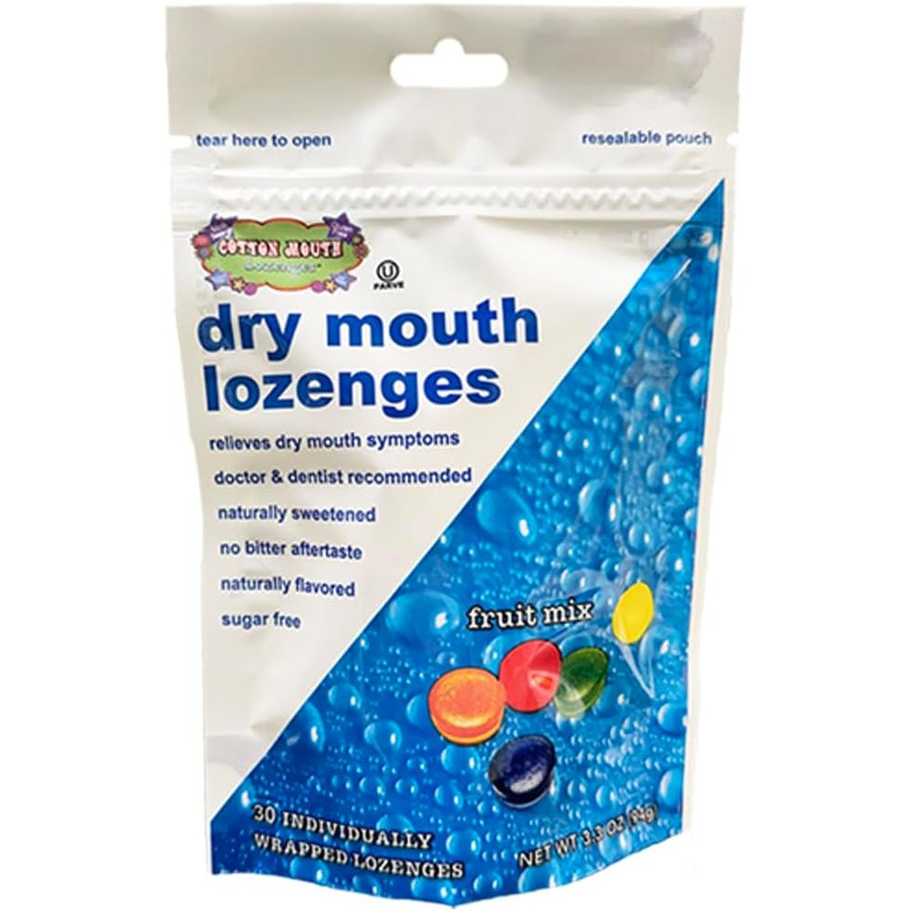 Cotton Mouth Lozenges Dry Mouth Relief Fruit Mix front packaging view.