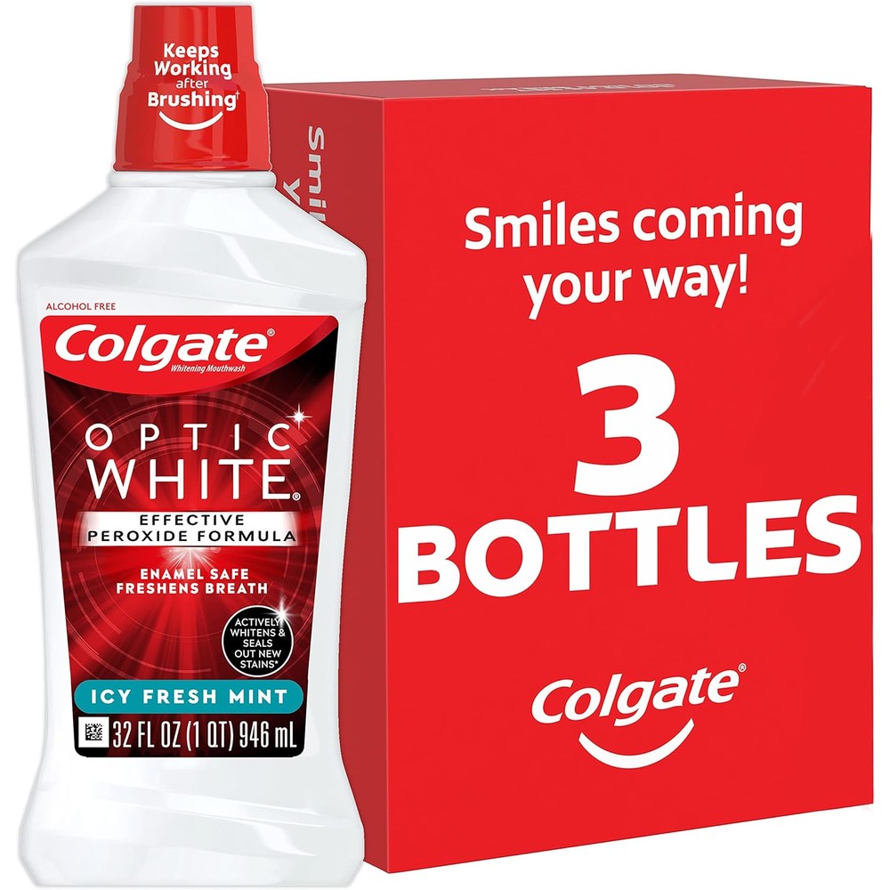 Colgate Optic White Whitening Mouthwash, Fresh Mint - 946mL, 32 Fluid Ounce (3 Pack)