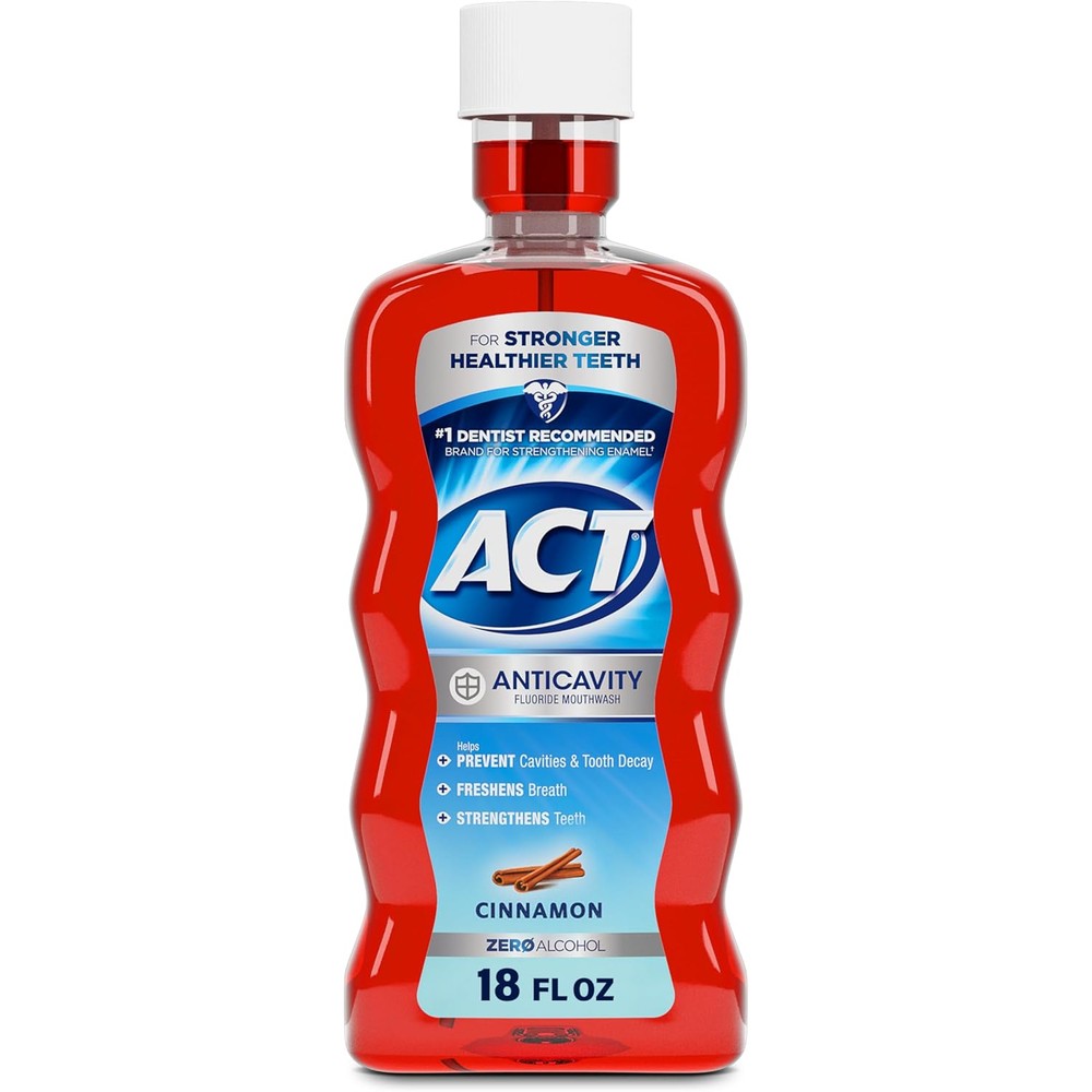 ACT Anticavity Zero Alcohol Fluoride Mouthwash 18 fl. oz., With Accurate Dosing Cup, Cinnamon (Pack of 1)