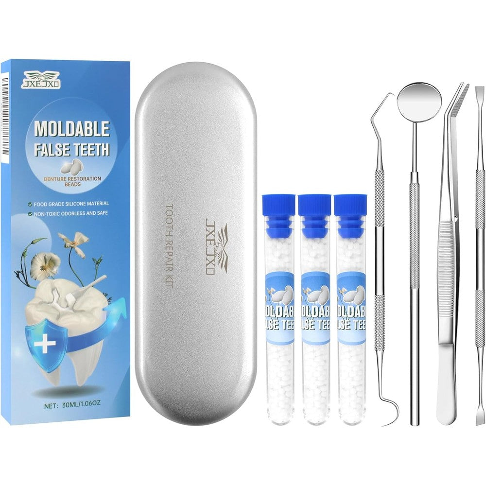 Generic tooth repair kit with moldable beads and dental tools set