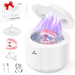 PUFTEM 45kHz ultrasonic retainer cleaner machine front view showing compact white design with open arrow lid.