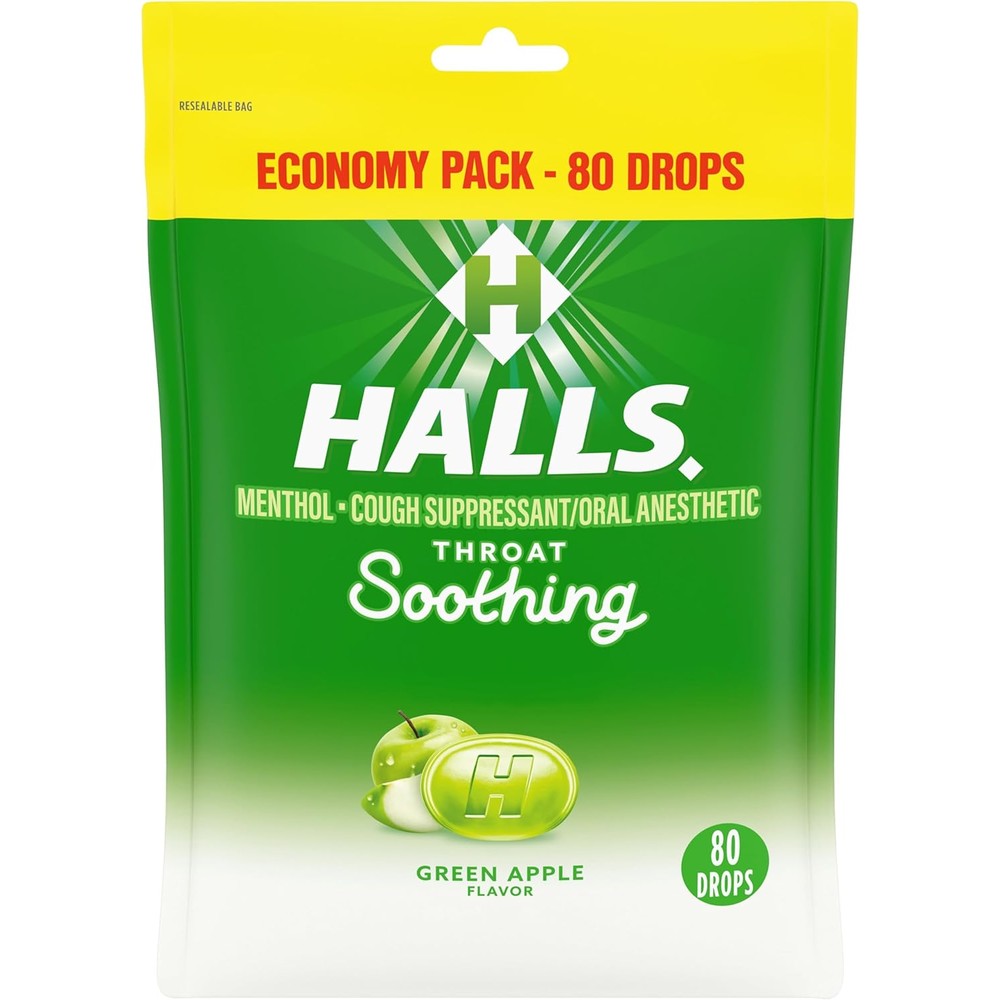 Halls Throat Soothing Green Apple Cough Drops front view economy pack