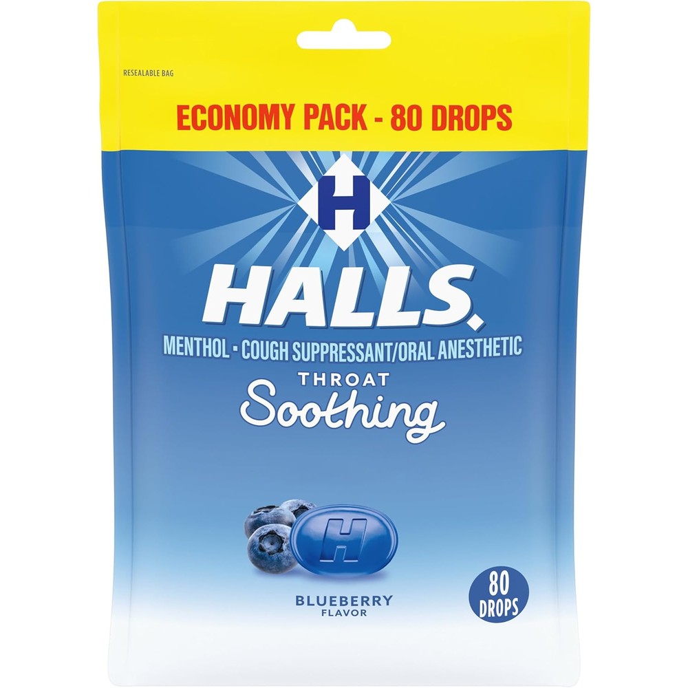 Halls Throat Soothing Blueberry Cough Drops 80 drops economy pack front view