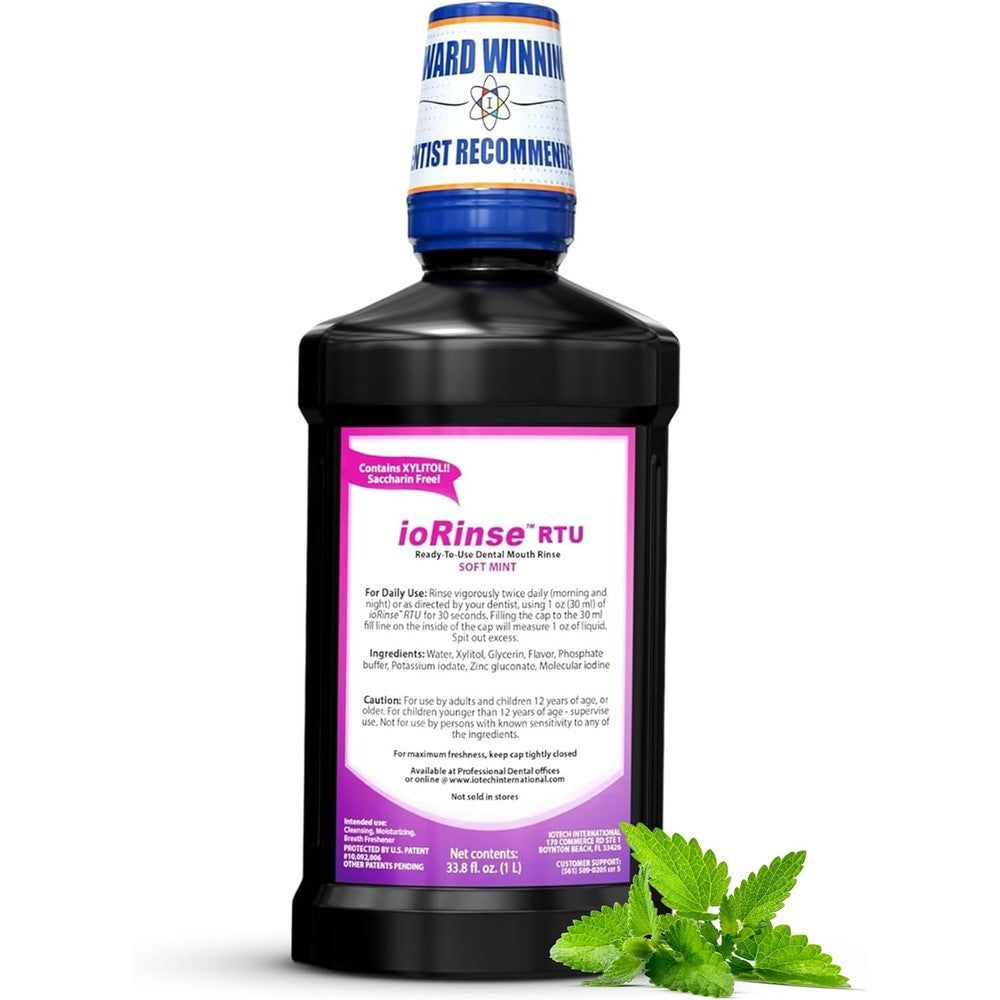 Iotech International ioRinse RTU mouthwash 1 Liter bottle front view showing product labels.