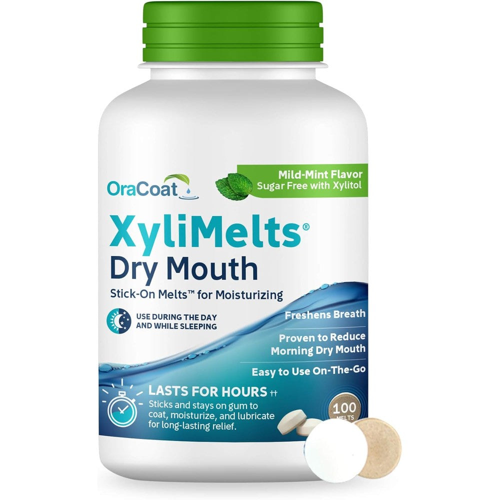 Oracoat XyliMelts 100 count bottle front view for dry mouth relief.
