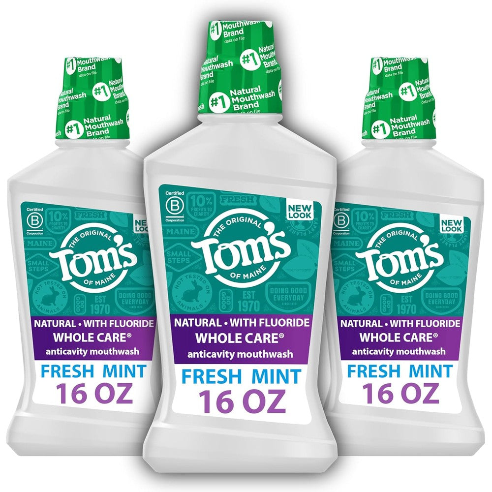 Tom's Of Maine Whole Care Natural Fluoride Mouthwash, Fresh Mint, 16 Oz (Pack of 3) (Packaging May Vary)