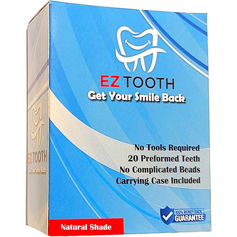 Amazing Temporary Tooth EZ replacement kit front view showing 20 preformed cosmetic teeth and storage case