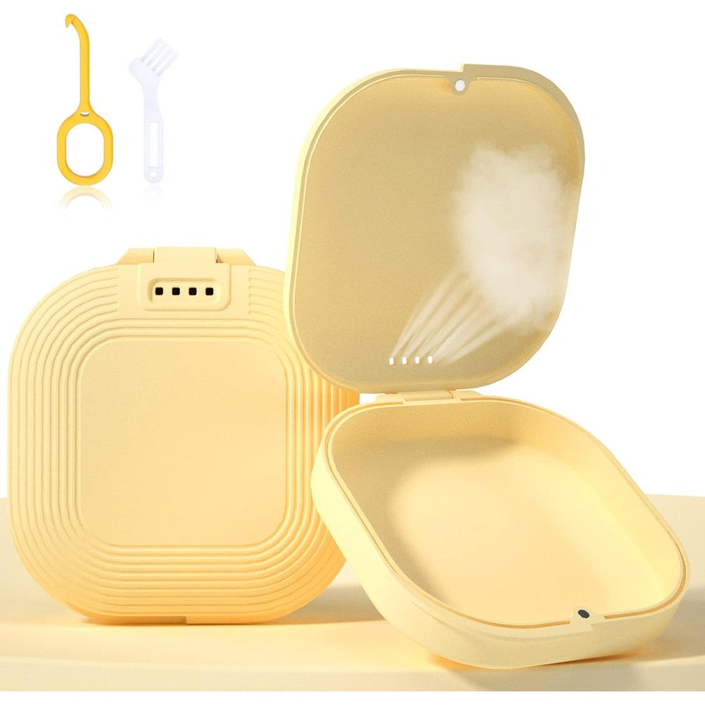 HEMILAB retainer case front view showing slim yellow orthodontic storage box with magnetic lid closure